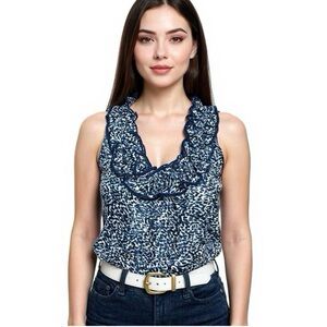 The LIMITED Satin Abstract Dot Blouse Women’s Size S Top Sleeveless Ruffle Scoop